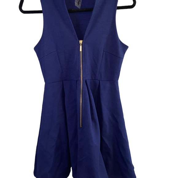 🎓 Black Swan Navy Plunge V Neck Zippered Front A Line Dress - Picture 2 of 6